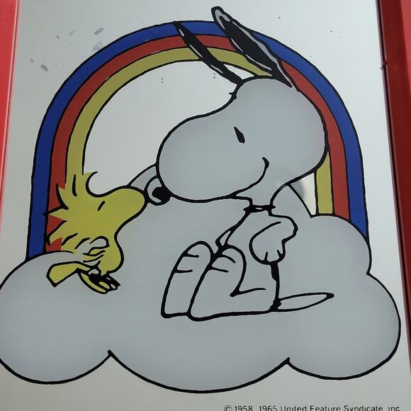 VTG Snoopy Woodstock Kissing Rainbow Cloud Mirror Red Framed Peanuts 1958 1965 - Picture 5 of 15